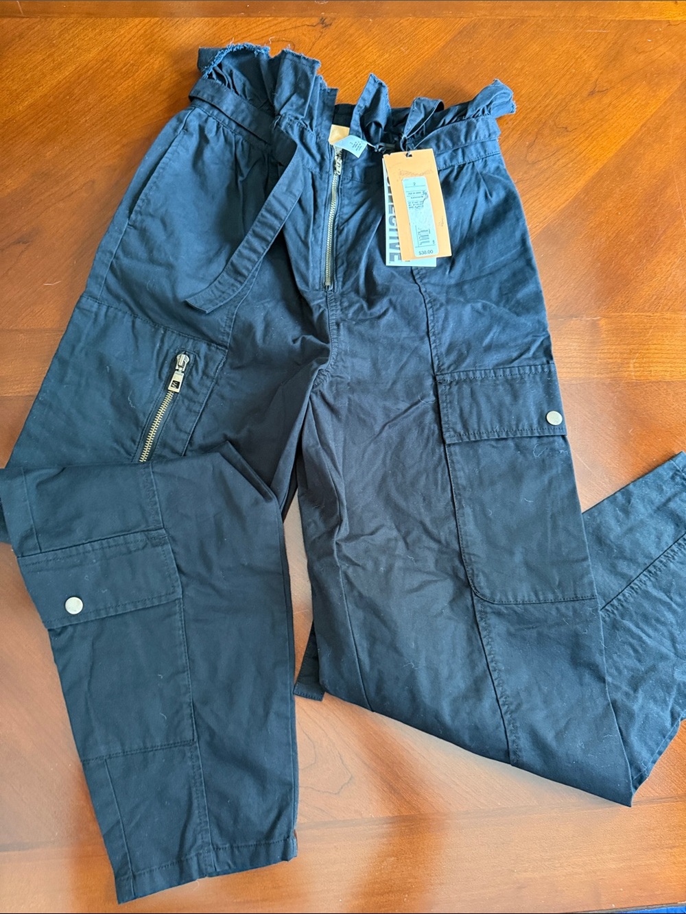 Paperbag Waist Cargo Pants in Black